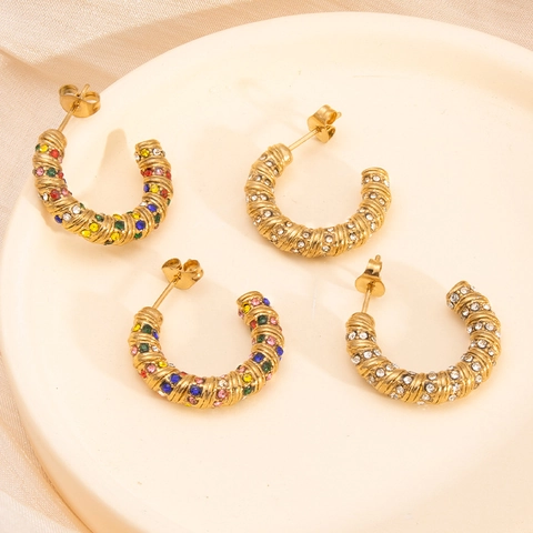 Stainless Steel U-Shaped Hoop Earrings 18K Gold Plated Inlaid Rhinestone Geometric Stud Earrings For Women Wedding Jewelry