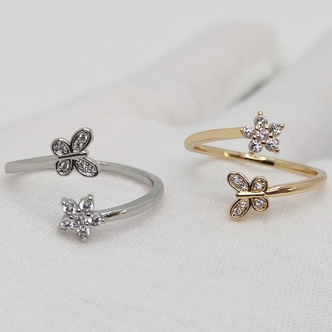 Verstelbare Open Ring Vlinder Bloem Ontwerp Koper Cubic Zirconia Geplaveid Elegante Sieraden Voor Vrouwen