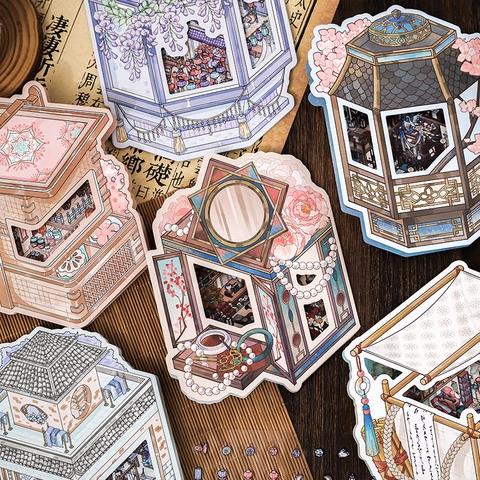 Kit Autocollants Paysage DIY Style Chinois Ancien PET Papier Flip Top Illustration Architecture Rétro Pour Scrapbooking Journalisation