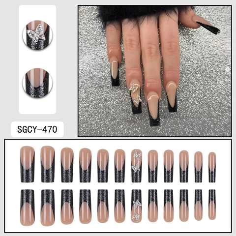 Uñas Postizas De Presión Francesas Negras Con Dijes De Mariposa Forma De Ataúd Larga Purpurina Estilo Dulce