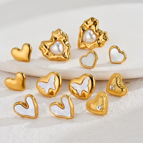 Minimalist Stainless Steel Heart Stud Earrings For Women 18K Gold Plated Rhinestone Artificial Pearl Shell Butterfly Jewelry