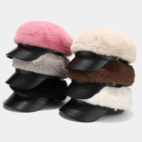 Newsboy Mütze Damen Winter Warm Kunstpelz PU Leder Schirm Vintage Elegant Baker Boy Hut Mit Metallknopf Dekor