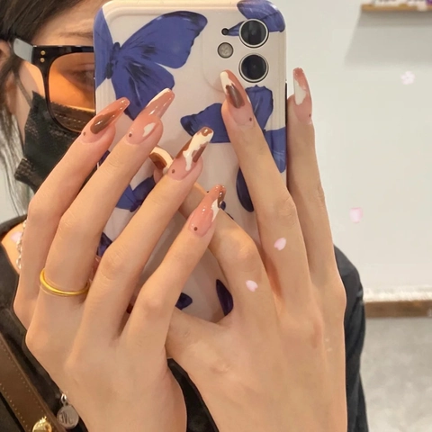 Uñas Postizas Press On Largas Ataúd Jaspeado Ámbar Patrón Geométrico Francés Retro Elegante Reutilizables Para Mujeres
