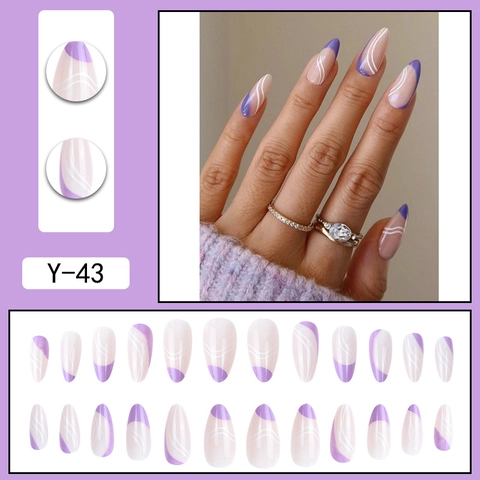 Μωβ French Tip Press On Nails Σχέδιο Με Λευκές Γραμμές Σχήμα Αμυγδάλου Τεχνητά Ψεύτικα Νύχια Για Γυναίκες Καθημερινό Μανικιούρ