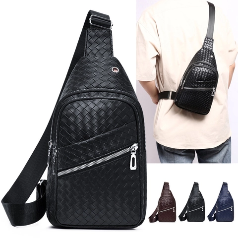 Bolso Bandolera Hombre Cuero PU Trenzado Bolso De Pecho Impermeable Multi Bolsillos Bolso De Hombro Casual Negocios Viaje