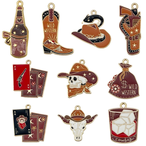 Vintage Western Cowboy Hat Skull Alloy Enamel Pendants For DIY Jewelry Making Keychain Necklace Earring Accessories
