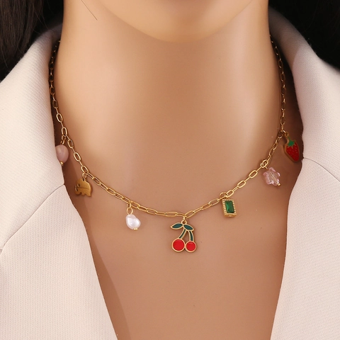 Stainless Steel Pendant Necklace Sweet Enamel Cherry Strawberry Fruit Motif Multi Element Clavicle Chain For Women