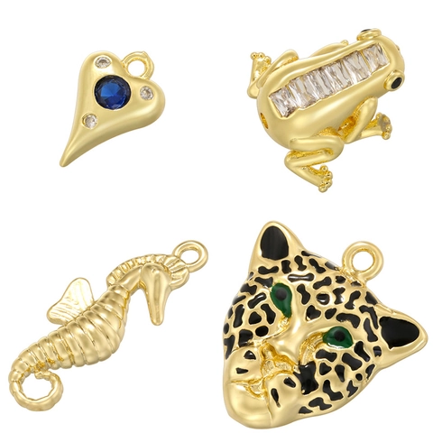 Brass Animal Pendants Frog Seahorse Leopard Heart Cubic Zirconia Inlaid Jewelry Charms Hip Hop Style For DIY Accessory Making