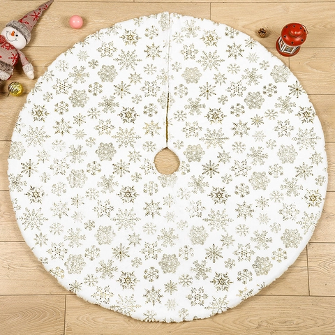White Plush Christmas Tree Skirt With Gold Hot Stamping Snowflake Pattern Holiday Party Home Decor