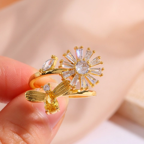 Bague Abeille Fleur Rotative pour Femme Cuivre Zirconia Plaqué Or Réglable Ouverte Marguerite Tournesol Fidget Bague Bijoux