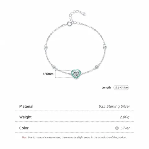925 Sterling Silver Heart Pendant Bracelet Mint Green Enamel Cubic Zirconia Adjustable Jewelry For Women