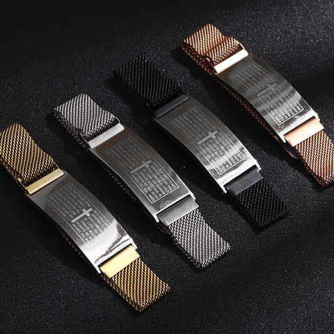 Bracciale In Maglia Di Acciaio Inossidabile Perle Di Agata Occhio Di Tigre Naturale Padre Nostro Croce Incisa Gioielli Religiosi