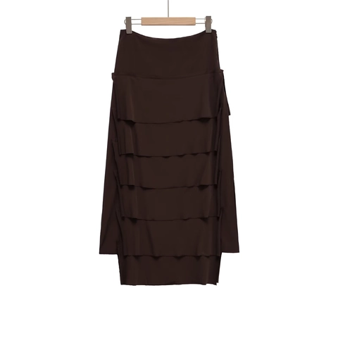 Damen Gestufter Tortenrock Maxi Hohe Taille Braun Gewebt Elegant Lang Fließend