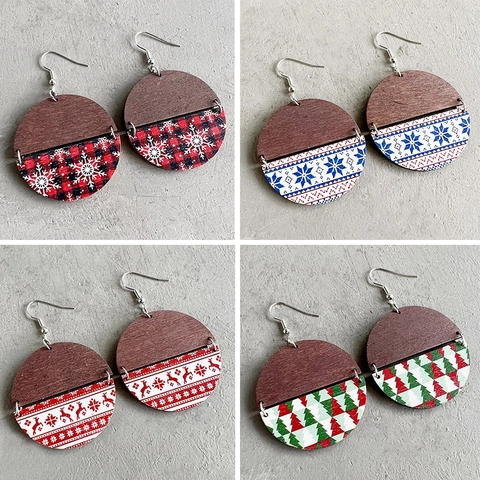 Böhmische Holz Runde Hängeohrringe Eisenhaken Weihnachten Rentier Schneeflocke Buffalo Plaid Patchwork Vintage Urlaub Damen