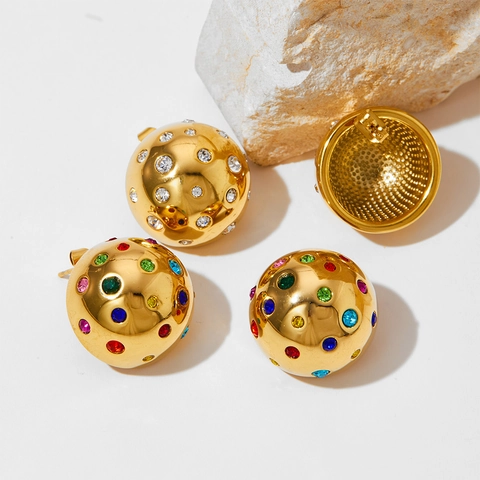 Round Ball Stud Earrings Stainless Steel With Inlaid Colorful Rhinestones Fashion Jewelry For Women