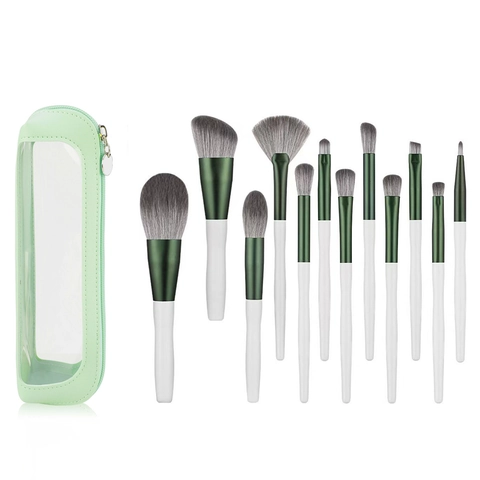 Brochas Maquillaje Fibra Sintética Madera Virola Aluminio Para Polvo Base Sombra De Ojos Con Bolsa De Almacenamiento Verde