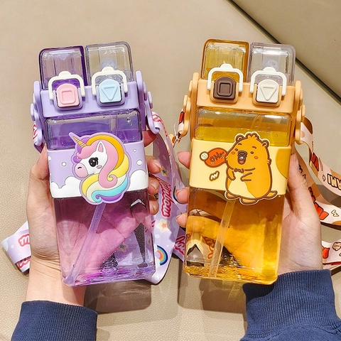 Square Water Bottle Plastic Dual Drink Straw Cup Cartoon Panda Pattern With Adjustable Strap For Kids Students