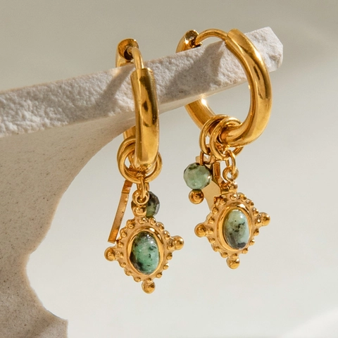 Stainless Steel Hoop Earrings With Star Moon Pendants And Green Stone Gold Plated Vintage Aesthetic Jewelry For Women