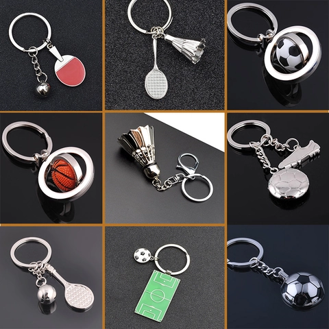 Sports Theme Metal Keychains Zinc Alloy Mini Football Basketball Table Tennis Racket Trophy Shape Souvenir Gift For Fans