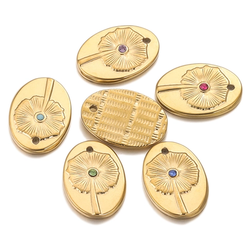 Oval Flower Pendant Charm Stainless Steel Rhinestone Inlay For DIY Jewelry Making Bohemian Style Dandelion Engraved Gold Plated