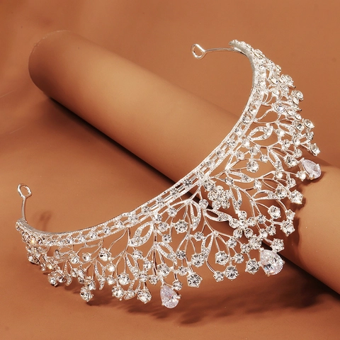 Squisita Corona Tiara Sposa Cristallo Strass Lega Design Foglie Floreali Elegante Accessorio Per Capelli Matrimonio Festa Donne
