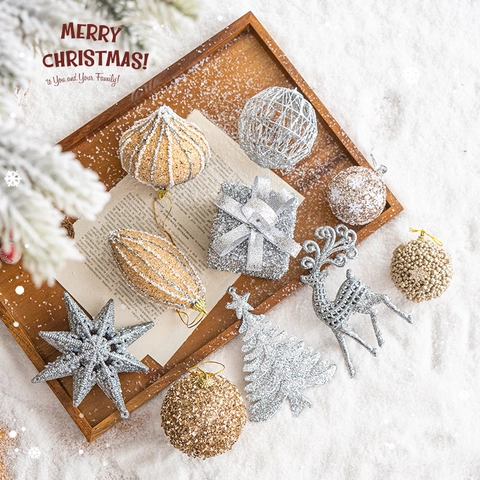 Christmas Hanging Ornaments Glitter Plastic Baubles Stars Bows Reindeer Christmas Tree Home Party Decoration Festive