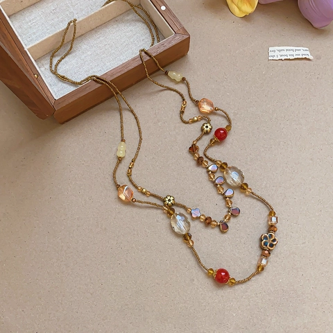 Collier Longue Chaîne Pull Vintage Avec Pendentif Fleur Résine Céramique Perles Cristal Colorées Design Superposé Boho