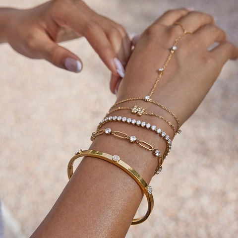 Pulsera De Cadena De Mano De Acero Inoxidable Para Mujer Chapada En Oro Circonita Cúbica Clip Tenis Inicial Impermeable
