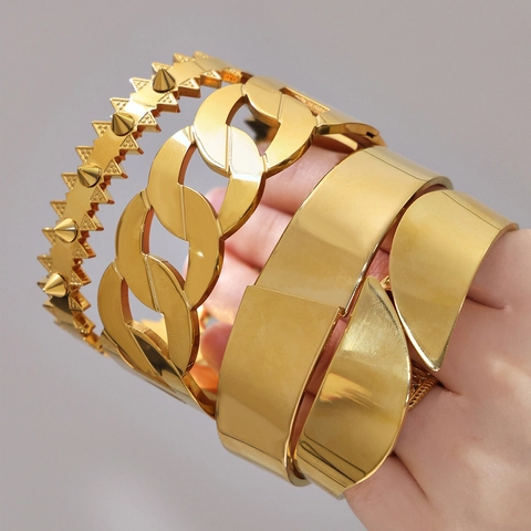 Exaggerated Wide Cuff Bangle Stainless Steel 18K Gold Plated Punk Spiky Rivet Cuban Chain Style Ins Fashion Jewelry