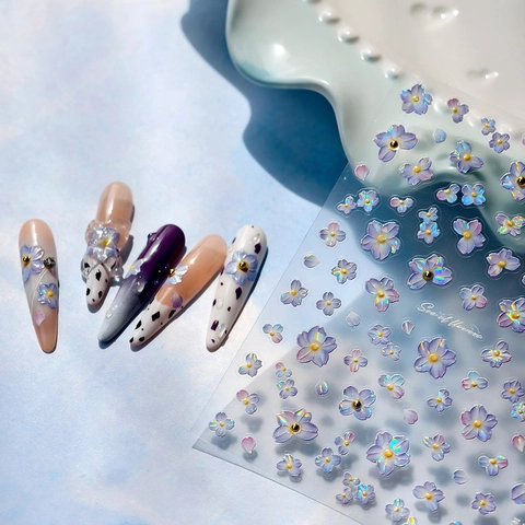 3D Embossed Floral Nail Art Stickers TL-370 Glass Shard Effect Purple Flower Nail Decals For Kids Women DIY Decoration