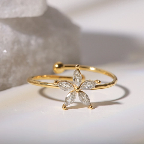 French Retro Flower Open Ring Stainless Steel 18K Gold Plated Marquise Zircon Adjustable Vintage Jewelry For Women