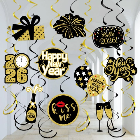 Spirali Pendenti Ornamenti PVC Plastica Cartoncino Decorazioni Festa Capodanno Soffitto Nero Oro Accessori Celebrazione