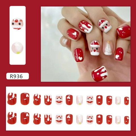 Christmas Press On Nails Short Square ABS Plastic Santa Claus Melting Snowman Red White Glossy Festive Manicure For Girls