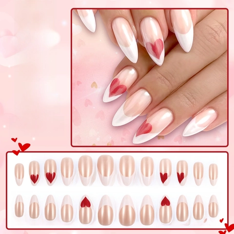 Unghie Finte French Tip Mandorla Lucide Motivo Cuore Rosso Rosa Nude Plastica Unghie Artificiali Per Donna Stile Dolce Romantico