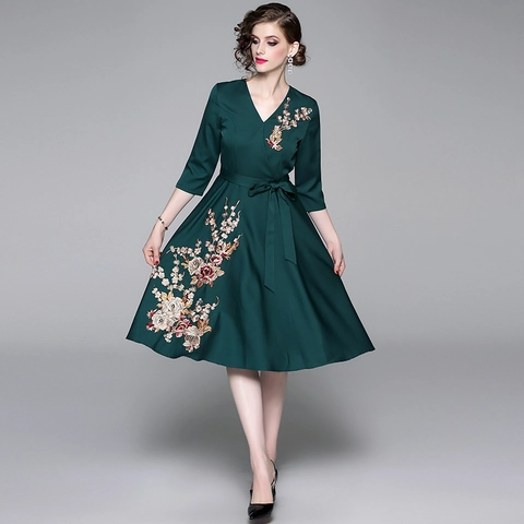 Elegant V-Neck Floral Embroidery Midi Dress Mid Length Sleeve High Waist A-Line Lace-Up Belt Retro Fashion For Women