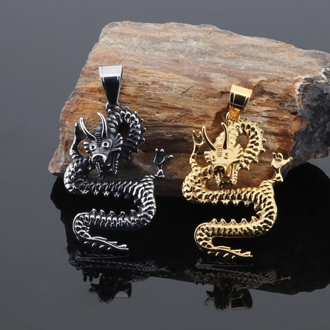 Collier Pendentif Dragon Acier Titane Rétro Style Chinois Zodiaque Bijoux Punk Gothique Chaîne Pull Pour Hommes