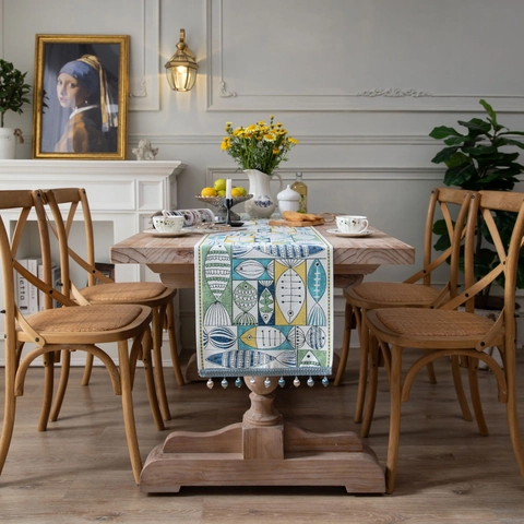 Jacquard Table Runner With Tassels And Beads Fish Leaf Pattern American Style Fabric Tablecloth For Dining Home Wedding Decor