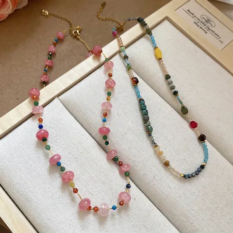 Colorful Beaded Necklace Stainless Steel Agate Glass Crystal Adjustable Clavicle Chain Sweet Fashion Jewelry For Women