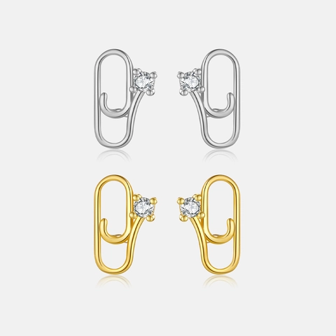 925 Sterling Silver Paperclip Stud Earrings For Women Zirconia Minimalist Geometric Paper Clip Ear Studs Fashion Jewelry