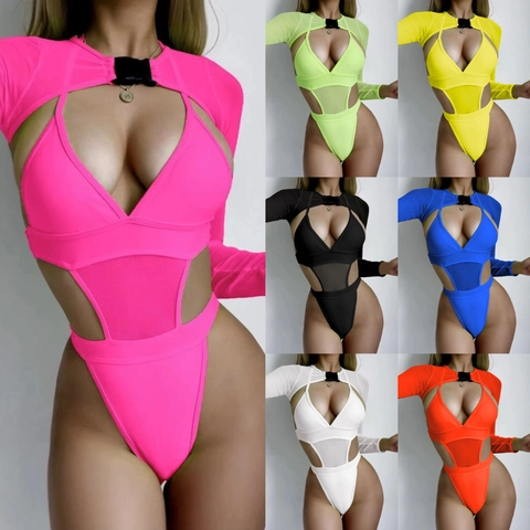 Sexy Mesh Cut Out Badmode Voor Dames Met Bolero Shrug Met Lange Mouwen En Monokini Met Gesp En Hoge Snit