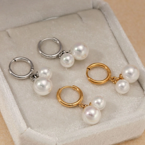 Edelstahl Künstliche Perle Creolen PVD Beschichtet Wasserdicht Hypoallergen Französisch Elegant Täglich Schmuck Für Frauen