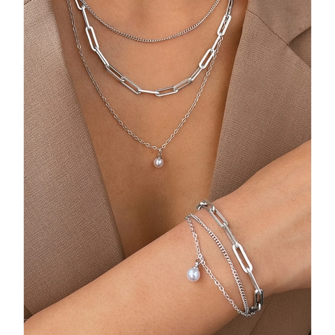 Layered Stainless Steel Jewelry Necklace And Bracelet Paperclip Chain Artificial Pearl Pendant Women Fashion Accessory