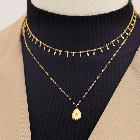 18K Gold Plated Titanium Steel Necklace Eight Pointed Star Waterdrop Square Pendant Zircon Layered Minimalist For Women