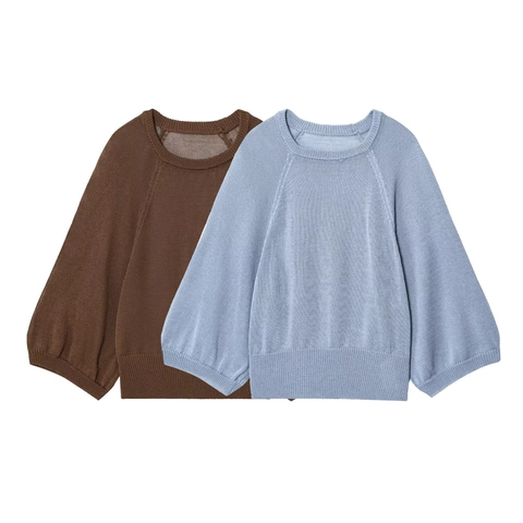 Pull Femme Tricot Col Rond Manches Lanternes Raglan Couleur Unie Haut En Tricot Ample Décontracté Élégant Printemps Automne