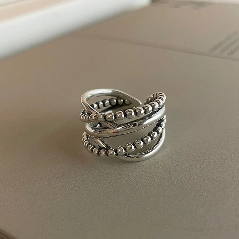 Anello In Argento Sterling 925 Da Donna Multistrato Intrecciato Con Perline Retro Vintage Minimalista Misura Aperta Regolabile