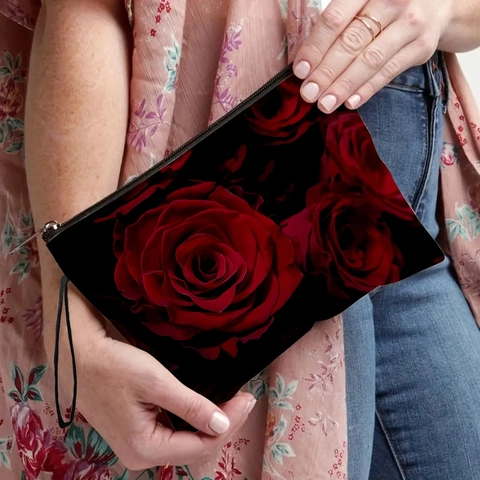 Zwarte Roos Bloemenprint Make-up Tas Linnen Stof Draagbare Rits Cosmetische Tas Beauty Organizer Handtas