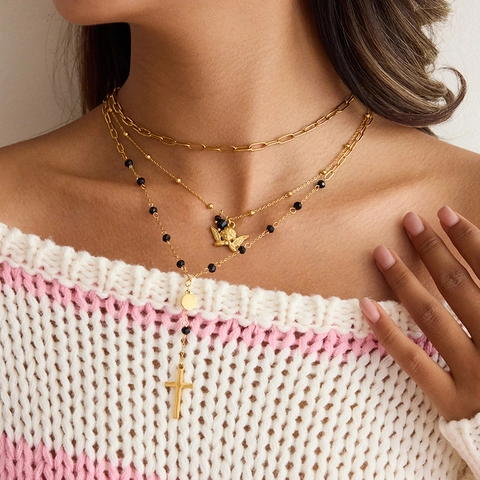 Collana con Pendente ad Angelo in Acciaio Inossidabile Vintage da Donna Placcata Oro Croce Pietra Naturale Gioielli