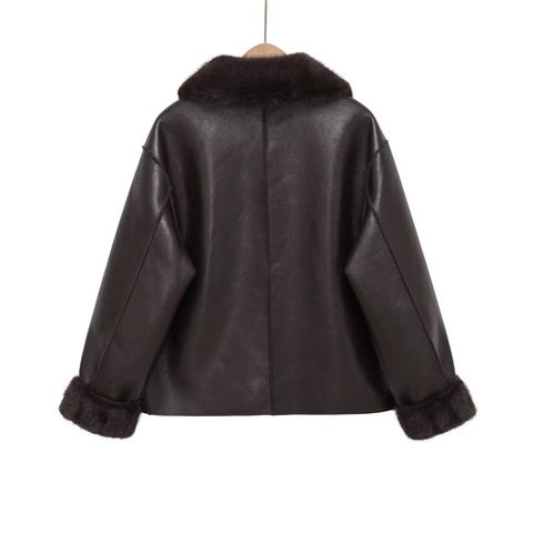Women Vintage Faux Fur Leather Shearling Jacket Oversized Lapel Single Breasted Warm Winter Coat With Pockets Outwear