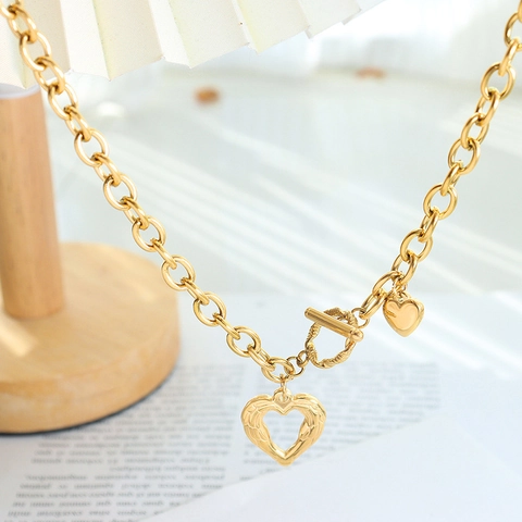Collana In Acciaio Al Titanio Da Donna Pendente A Doppio Cuore Ciondolo Ala Svuotata Catena A Maglie Chiusura A Gancio Stile Ins Francese Gioielli Retrò