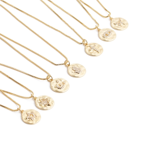 Runde Münze Anhänger Halskette Gold Vergoldet Kupfer Hammerschlag Zirkon Stern Mond Kreuz Hamsa Böser Blick Böhmischer Schmuck